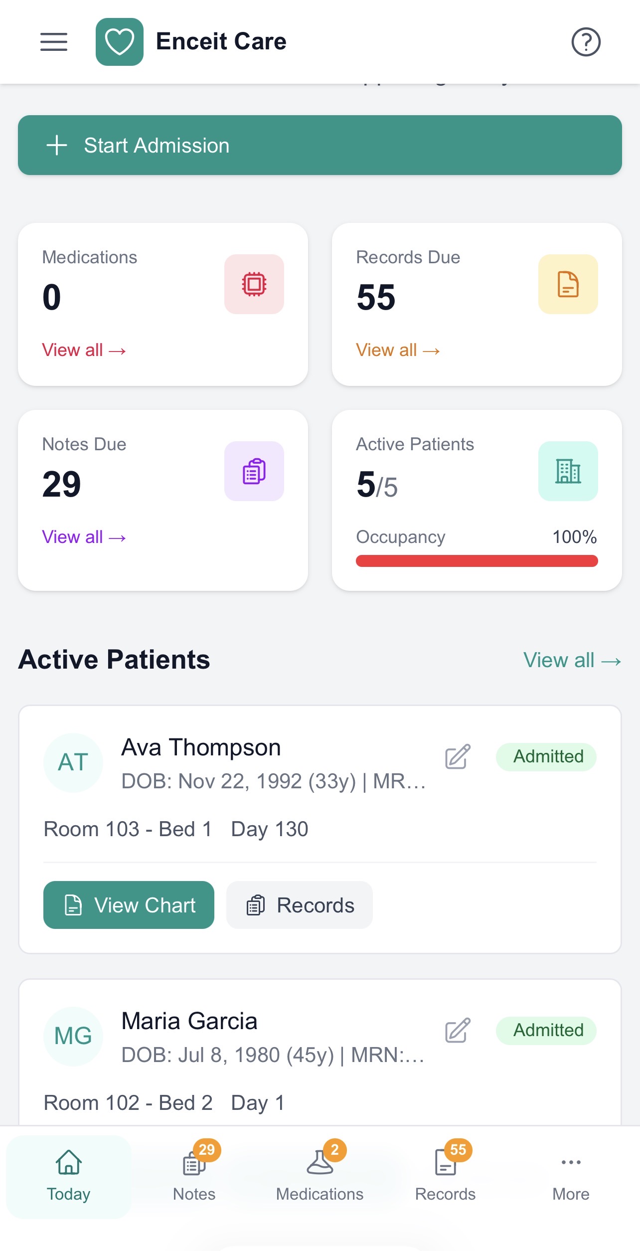 EnceitCare mobile dashboard — manage your facility from any device