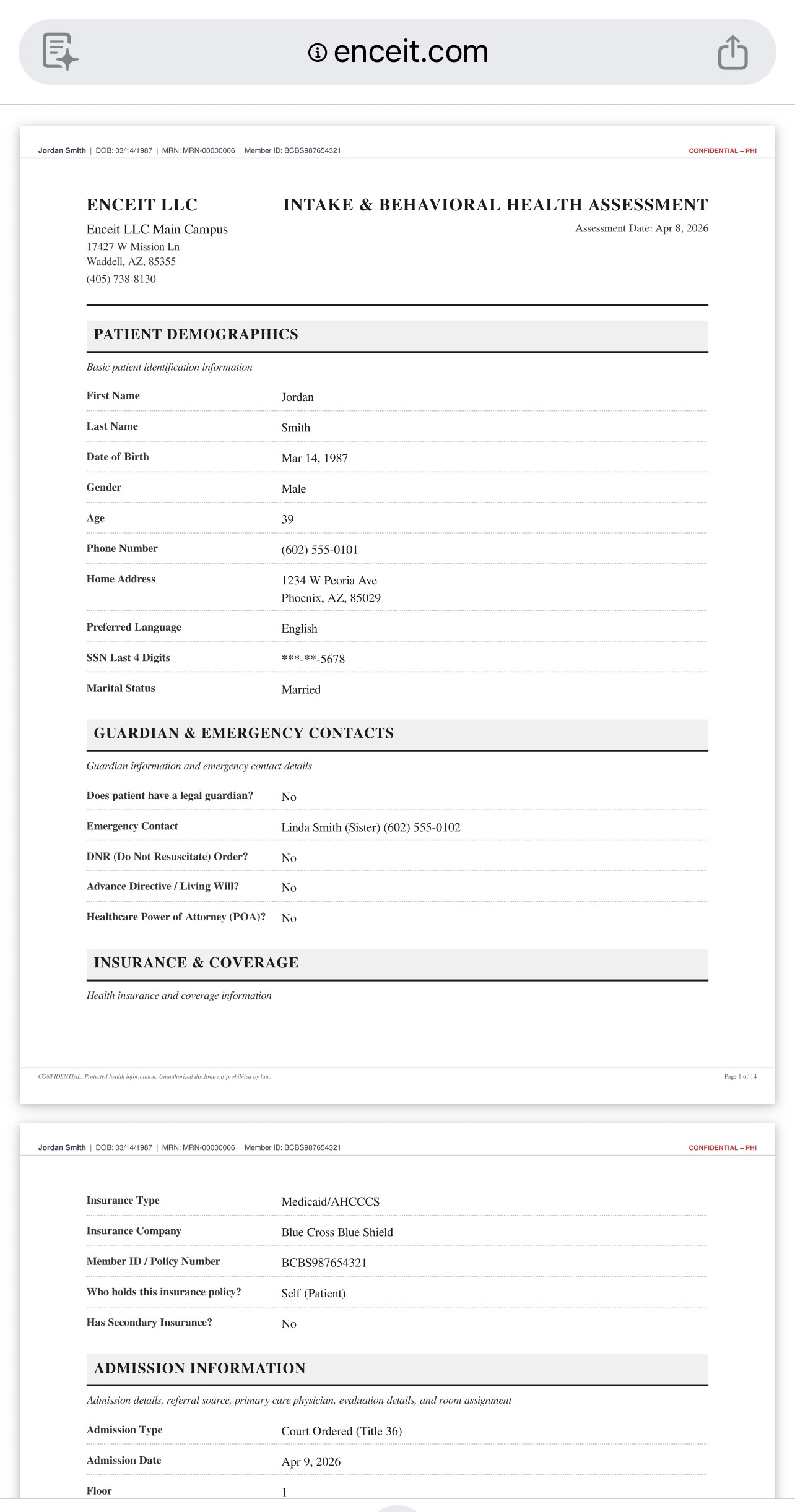 AI-generated intake assessment PDF viewed on mobile