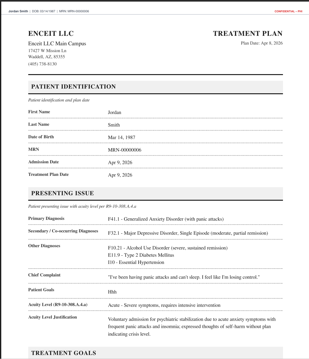 AI-generated treatment plan PDF with patient identification, presenting issue, and treatment goals