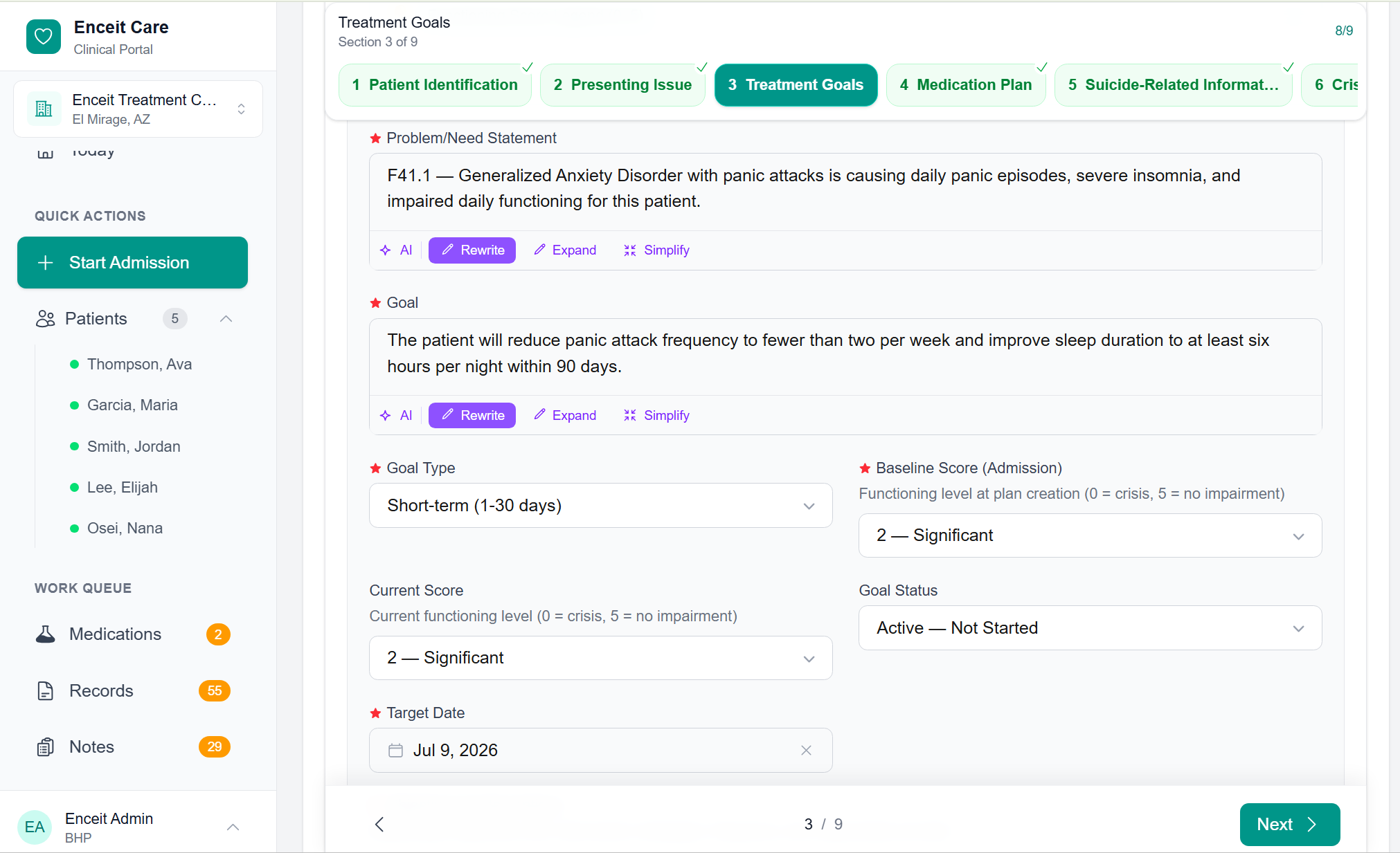 Treatment plan goals editor with AI Rewrite, Expand, and Simplify tools
